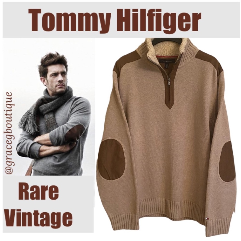 Tommy Hilfiger Pullover Knit Sweater Zip Up Sherpa Collar Elbow Patches Size XL